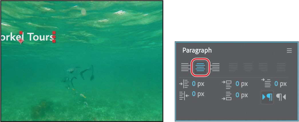 A screenshot showing the composition panel with an under ocean image and the paragraph panel of the Adobe after effects window.