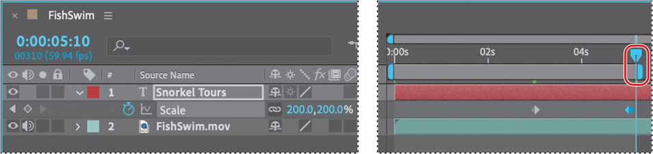 Two screenshots showing the Timeline panel and the current time indicator of the Adobe after effects window.