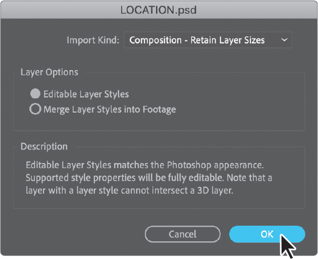 A screenshot showing the Location dot psd file imported to the composition panel of the Adobe after effects window.