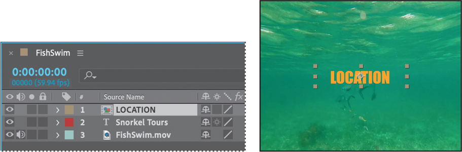 Two screenshots showing the Timeline panel and the composition panel of the Adobe after effects window.
