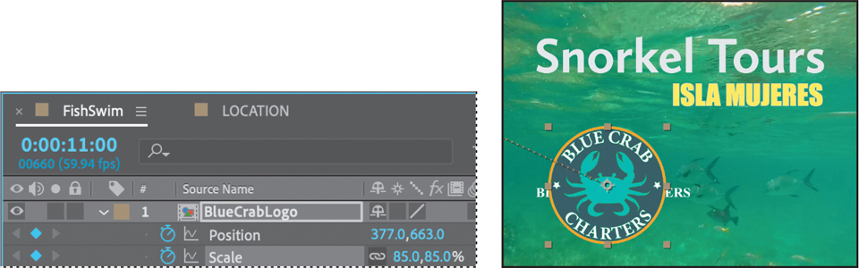 Two screenshots showing the Timeline panel and the composition panel of the Adobe after effects window.