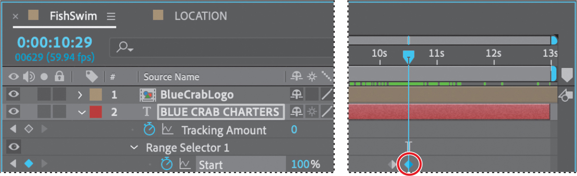 Two screenshots showing the Timeline panel and the timeline indicator of the Adobe after effects window.