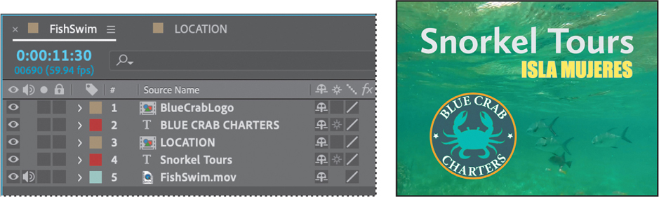 Two screenshots showing the Timeline panel and the footage in the composition panel of the Adobe after effects application window.