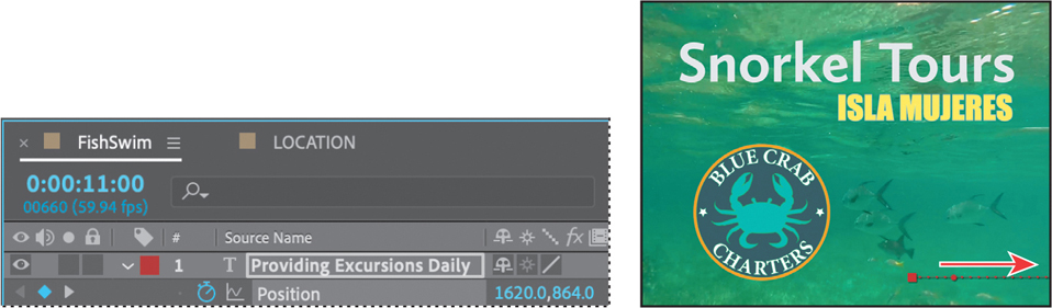 Two screenshots showing the Timeline panel and the footage in the composition panel of the Adobe after effects application window.