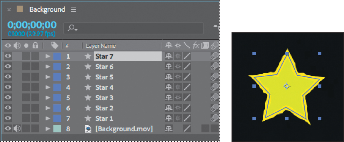 A screenshot of the Timeline panel and image of a star in the composition panel of the Adobe after effects window.