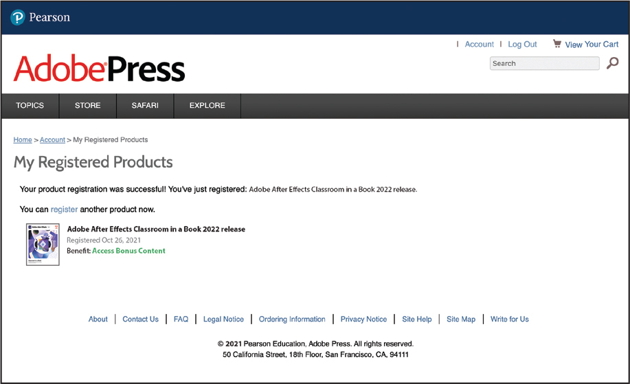 A screenshot shows an AdobePress window. The screen shows the page titled, my registered products. It lists the selected product on the page.