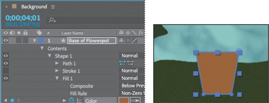 A screenshot shows an After Effects window displaying a layer. The preview shows the layer in the shape of a flowerpot. The layer is renamed as base of flowerpot. The flowerpot is given in lighter brown color.