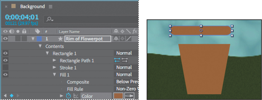 A screenshot shows an After Effects window displaying a layer. The preview shows the layer in the shape of a flowerpot. The layer is renamed as base of flowerpot. A rectangle is placed above the flowerpot. The rectangle and the flowerpot are given in lighter brown color.