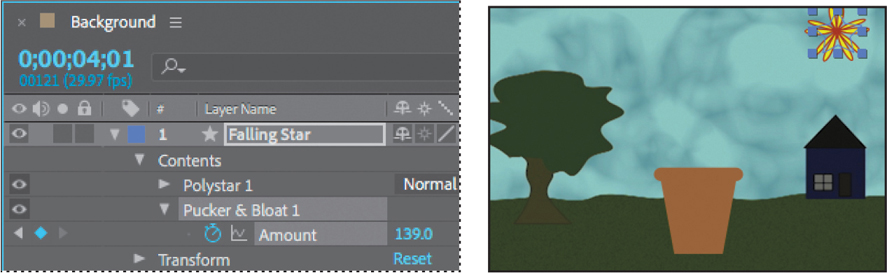 A screenshot shows an animated illustration and the settings of an After Effects window. The settings show that the layer named falling star is selected. The illustration shows a tree, a base of a flowerpot, a house, and a flower above the house.