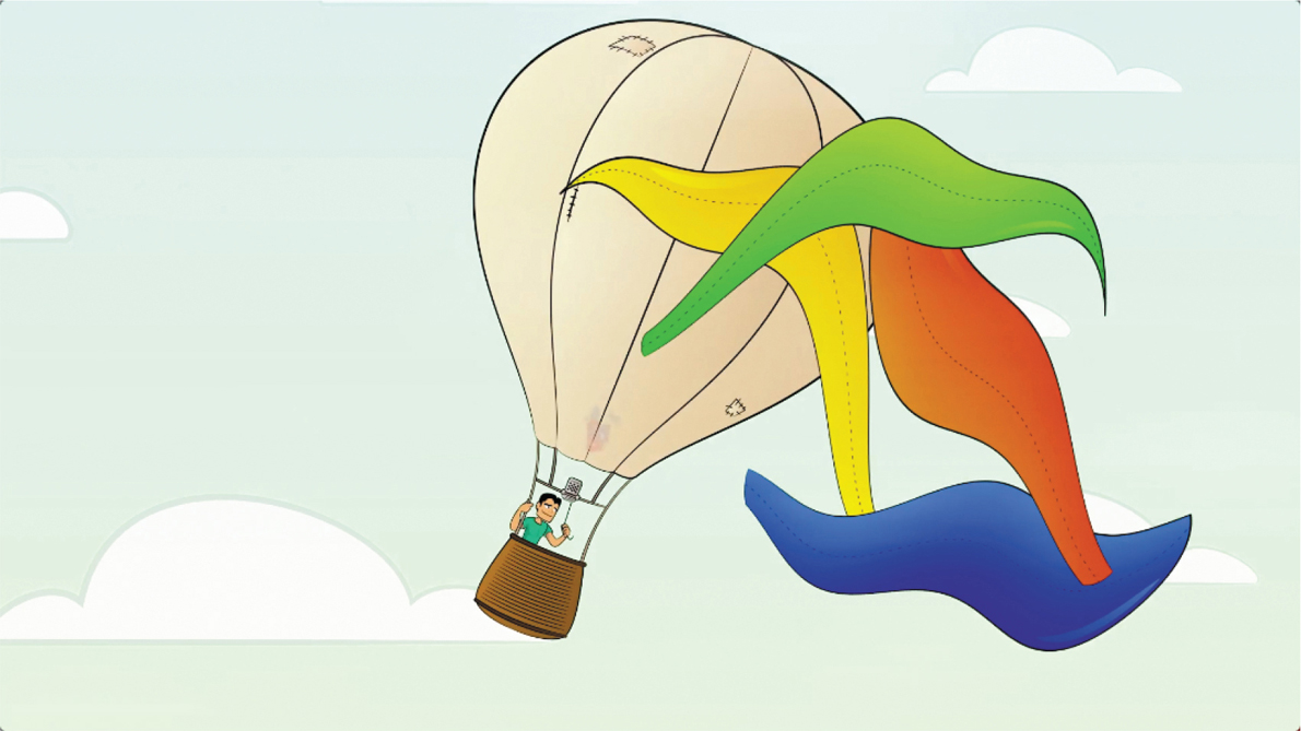 An animated image of a man in a hot air balloon floating in the sky with its colorful canvas flying in the air.