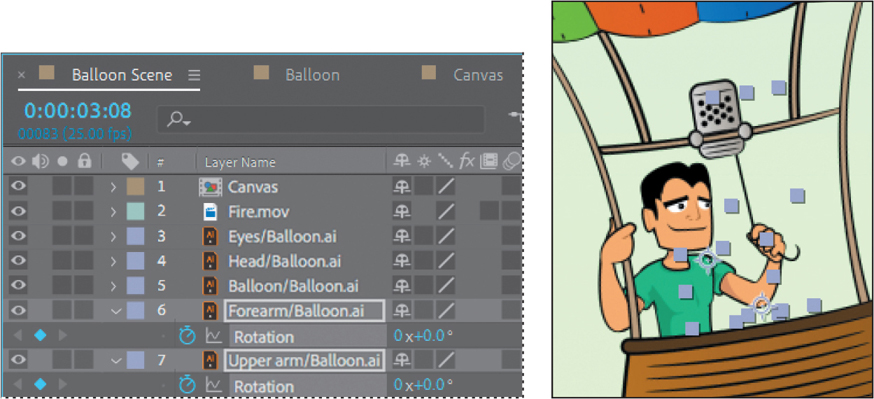 Two screenshots showing a Timeline panel and an animated illustration of a hot air balloon.