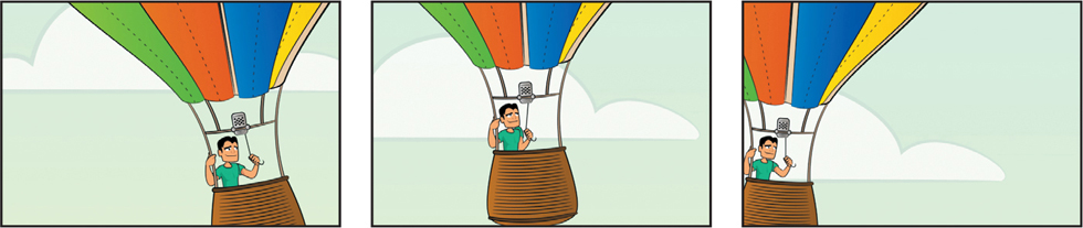 Three illustrated animations of a man in the hot air balloon.