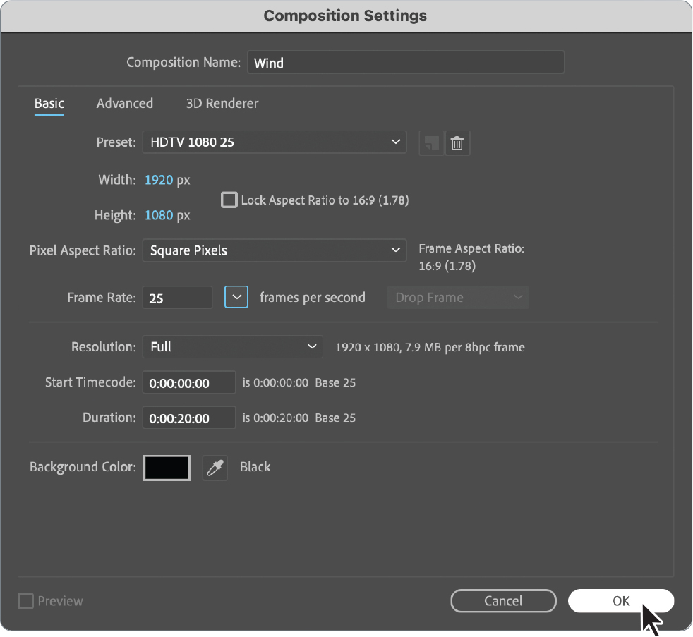 The screenshot shows a Composition Settings dialog box.