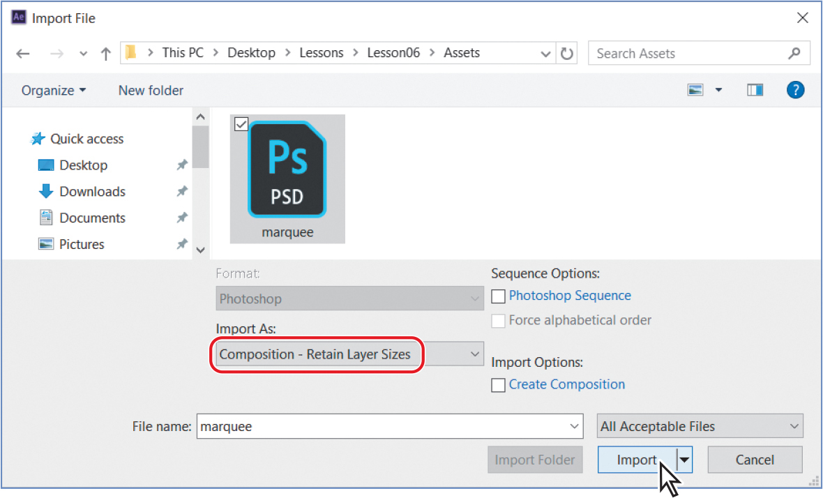 A screenshot of a Photoshop file being imported.
