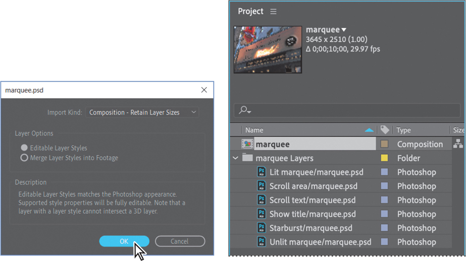 Screenshots of marquee.psd dialog box and Project Panel.