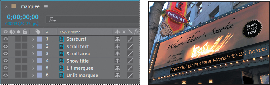 Screenshots of the timeline panel and a photo of the theater marquee are shown.