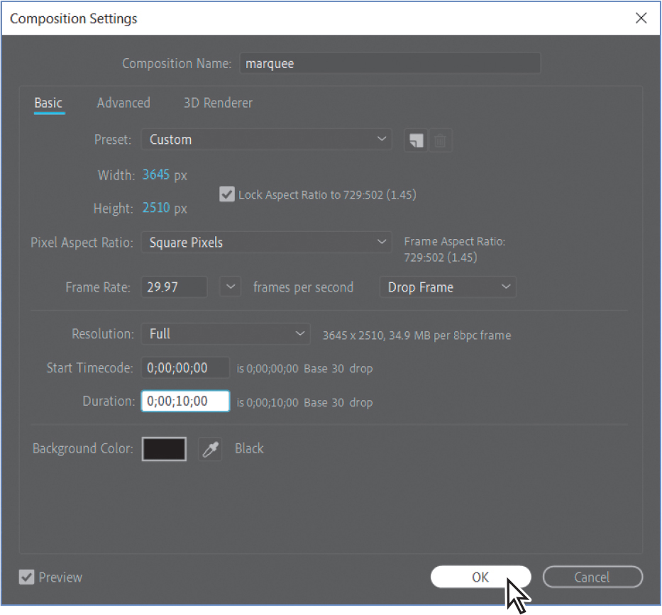 A screenshot of the composition settings dialog box.