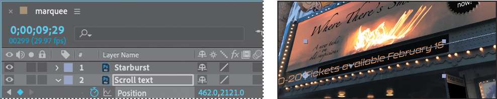 A screenshot of the timeline panel and a photo of a marquee.