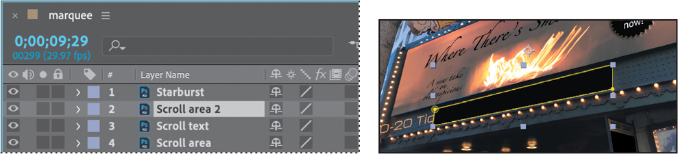 A screenshot of the timeline panel and a photo of a marquee.