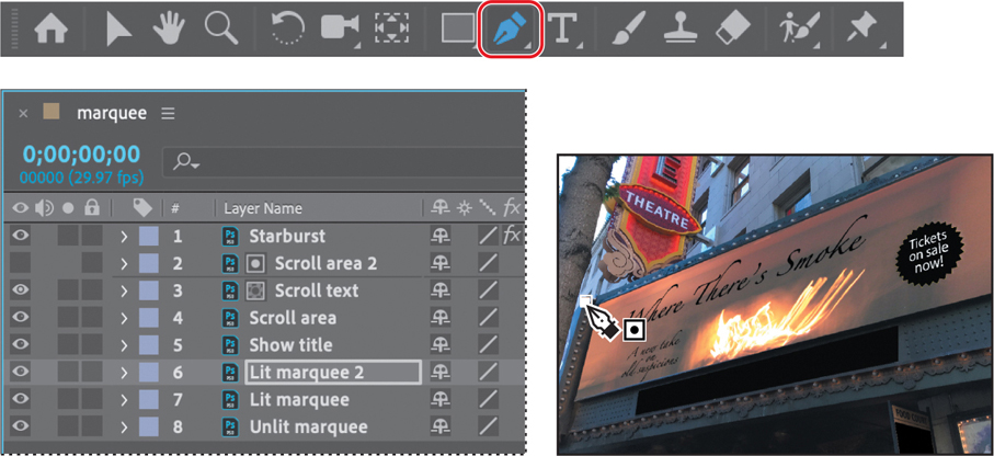 Three screenshots showing a tool panel, timeline panel, and a marquee.