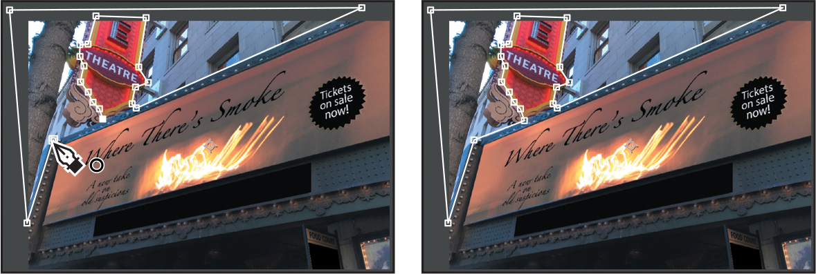 Two screenshots of the marquee showing how to cut out the image.