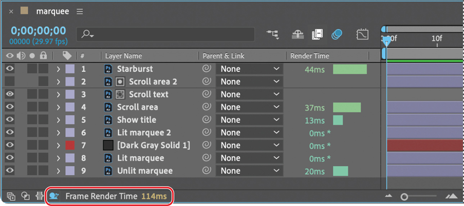 A screenshot of the Marquee window is shown. The window shows a list of Layer Name, Parent & Link, and Render Time.