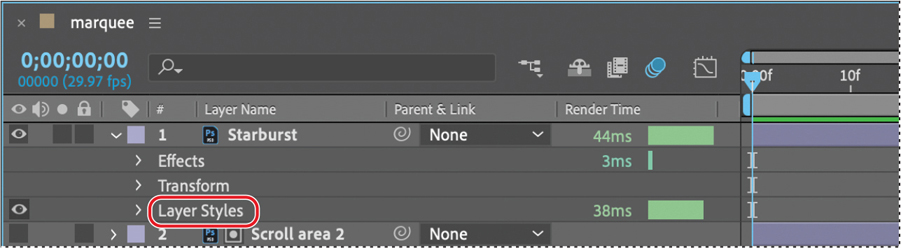 A screenshot of the Marquee window is shown. The window shows a list of Layer Name, Parent & Link, and Render Time. For the list the Layer Name reading Layer Style is highlighted.