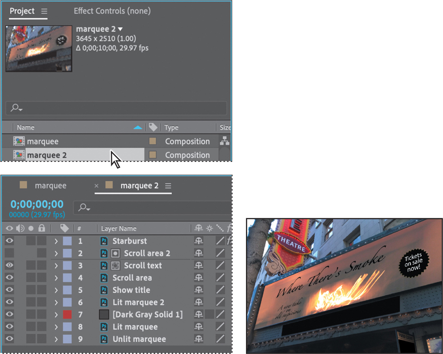Three screenshots showing a project panel, a timeline panel, and a marquee.
