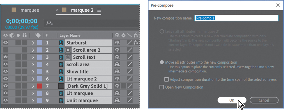 Two screenshots, showing a timeline panel and a Pre-compose dialog box.