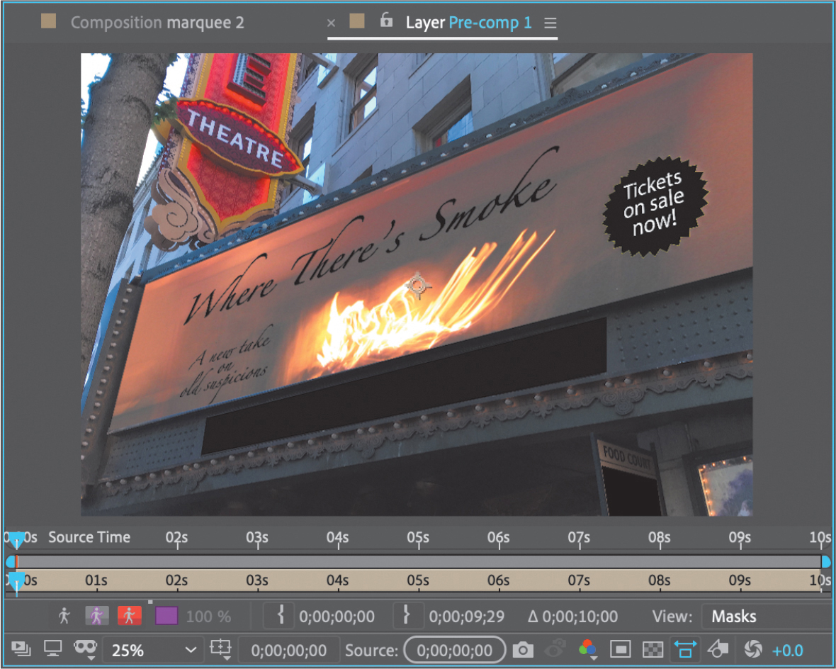 A screenshot of a composition panel of the Layer Pre-comp 1. The theater marquee image is seen on the panel. Below the image are two time-rulers, the first one is the re-map time and the second one is the current time. On both the tie rulers, the In point is at 00 seconds. The view tab shows Masks.