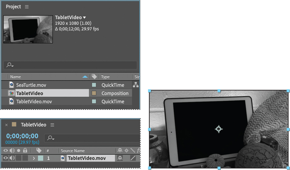 Screenshots of a Project panel, a timeline panel, and a sequence from a commercial.