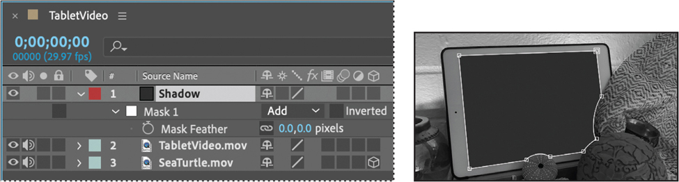 A screenshot of the timeline panel and the photo of the tablet in black and white.