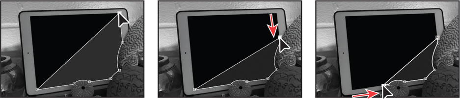 Three screenshots of tablets showing the shape adjustments of the mask.