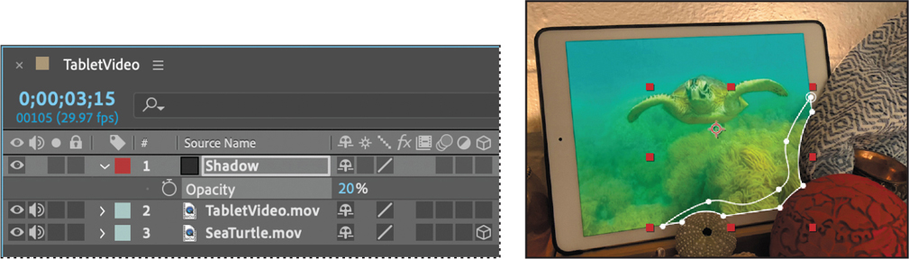 A screenshot of a timeline panel and a tablet.