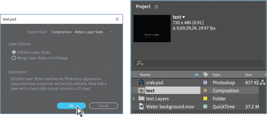 A dialog box titled, text. p s d and a project panel are shown.