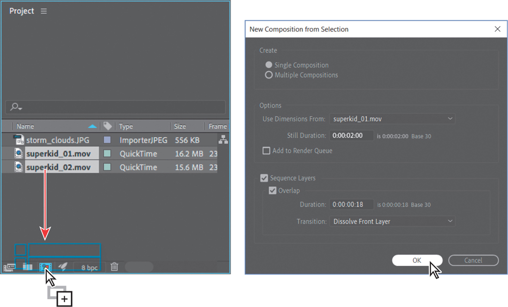 A project panel and a panel titled, new composition from selection are shown.