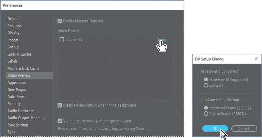 A preference panel and a d i v setup dialog box are shown side by side.