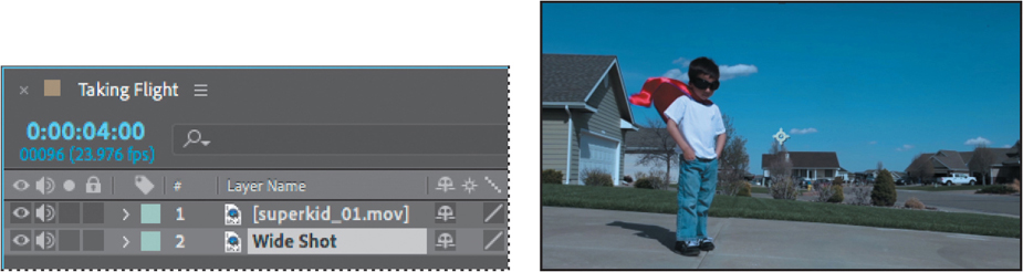 A timeline panel titled taking flight is shown with the layer, wide shot selected. The corresponding layer panel beside the timeline panel shows a wider shot of the clip. The clip shows a young boy posing with his goggles and a superman cape and the clip now shows a wider view of the background.