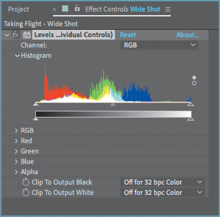 A project panel shows the tab for effect controls wide shot enabled.