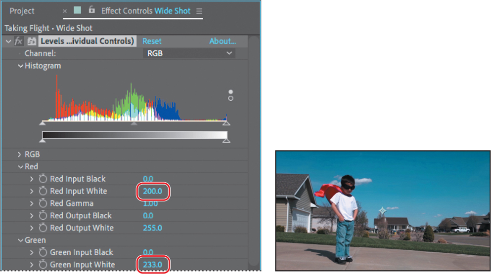 In the effects control panel, under the category red, the option red input white is set to 200.0 and under the category green, the option green input white is set to 233.0. The panel showing the clip of a young boy beside the effects control reflects the changes input in the effects control panel.