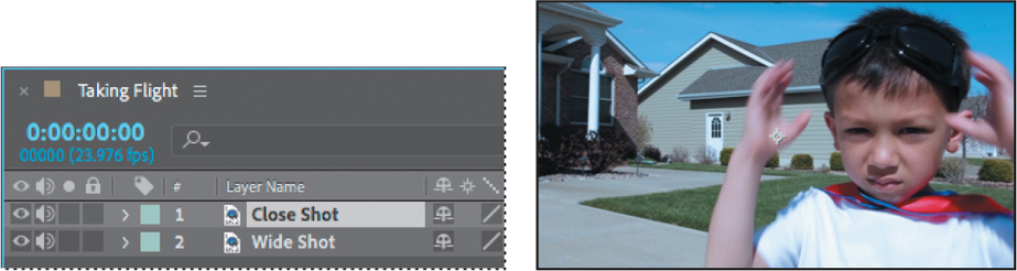 A timeline panel titled, taking flight, and a corresponding composition panel with the clip is shown.