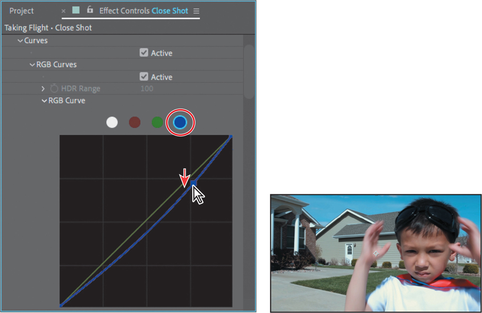 An effects control panel and a corresponding composition panel with the clip are shown.