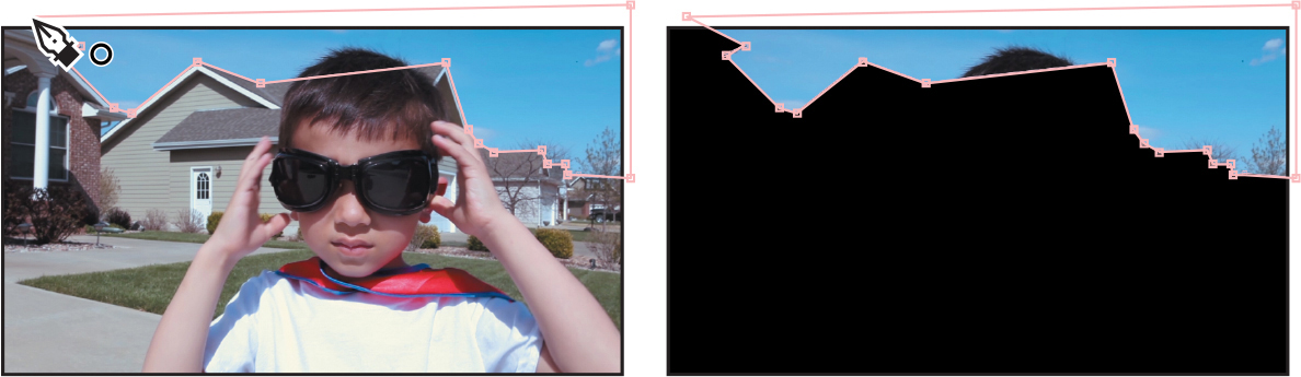 Two composition panels showing the clip illustrate drawing a mask using the pen tool. In the panel to the left that shows the young boy with houses in the background, a mask is drawn using the pen tool along the roofline of the buildings. In the corresponding panel to the right, the clip shows the entire area below the masking line in black.