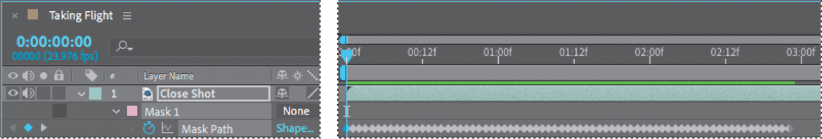 A taking flight timeline panel shows the close shot layer selected and the mask 1 mode is expanded showing the mask path option set to shape. A preview panel showing the key frames is displayed beside the timeline panel.