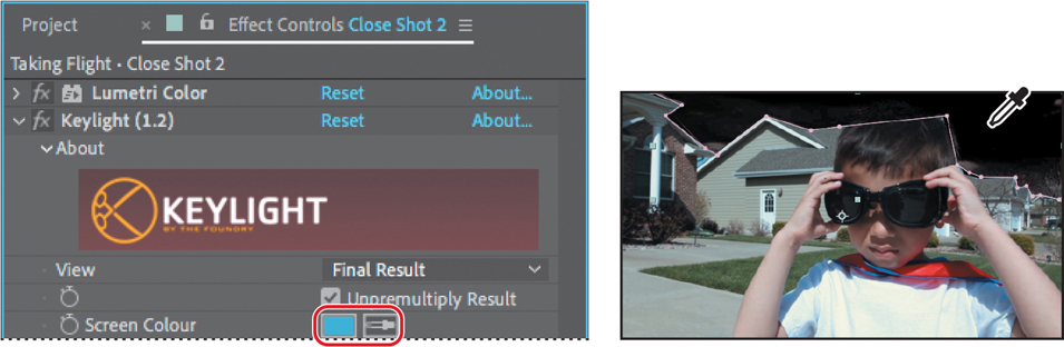 The effect controls panel in the close shot 2 layer and a corresponding composition window is shown.