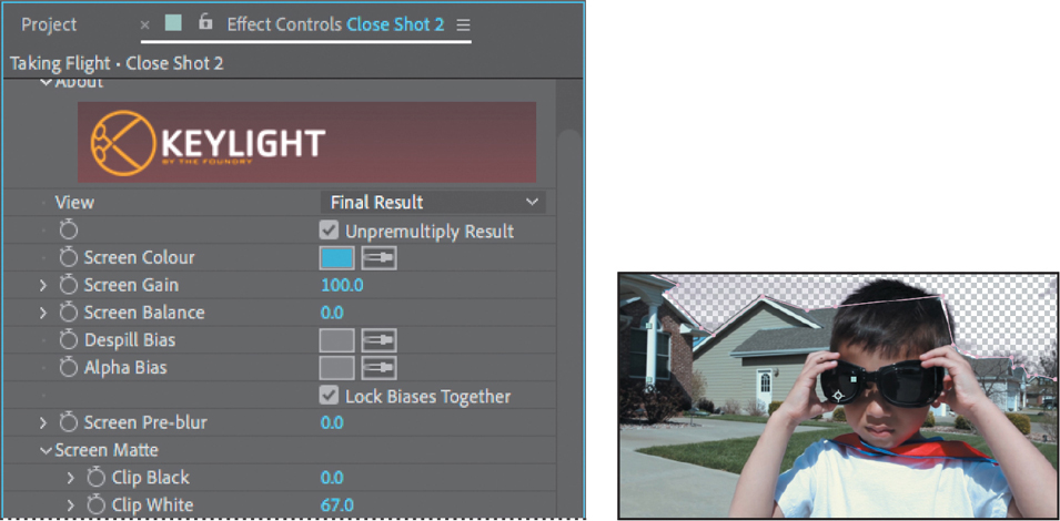 The effect controls panel in the close shot 2 layer and a corresponding composition window is shown.