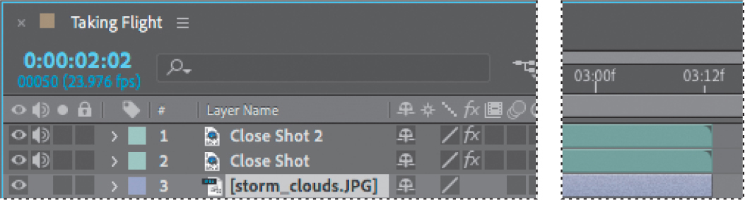 A timeline panel of the taking flight folder is shown stacked with three layers and a view of the keyframe is shown beside the panel. In the timeline panel, the layer, storm underscore clouds dot j p g layer is stacked as a third layer below the close shot 2 and close shot layers. The window beside the panel shows a view of the key frames with the storm underscore clouds layer stacked below.