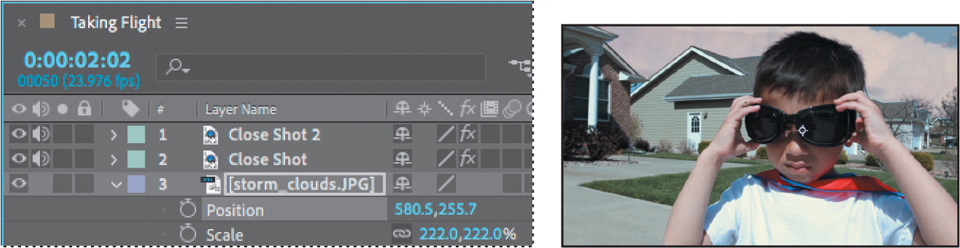 A timeline panel and a corresponding composition with the clip are shown. In the Timeline panel, the layer of storm underscore clouds dot j p g is expanded and it shows the options, position, and scale. The position is set to 580.5, 255.7 and the scale is set to 222.0, 222.0 percent. The corresponding window showing the clip shows a storm of clouds in the sky above the roof line of the buildings.