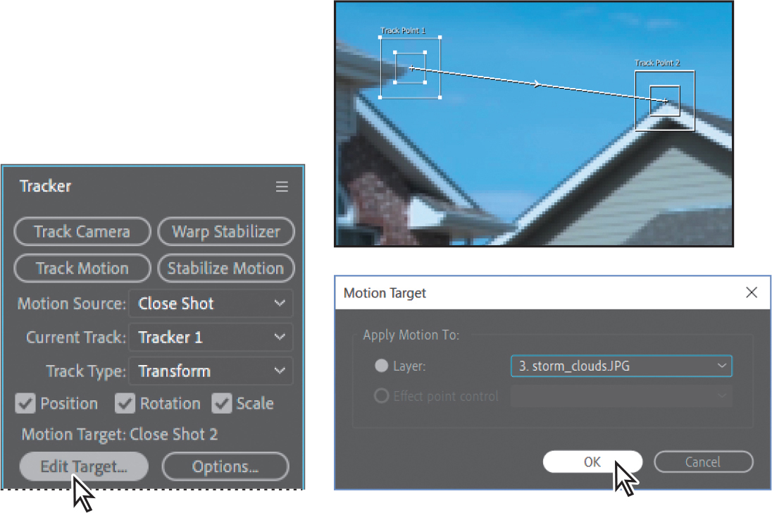 Three windows show a tracker panel, composition window, and the motion target panel.