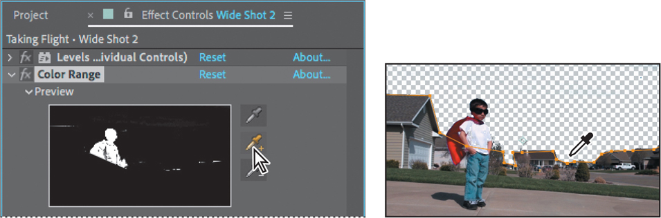 In the effect controls panel of the wide shot 2 layer, the add button is enabled for the key color eyedropper. The preview shows an image of the young boy in white against a black background. The composition window shows the entire sky above the mask line, filled with the grid.